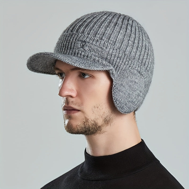 Men's Winter Knitted Hat with Ear Flap, Thick Warm Baseball Hat