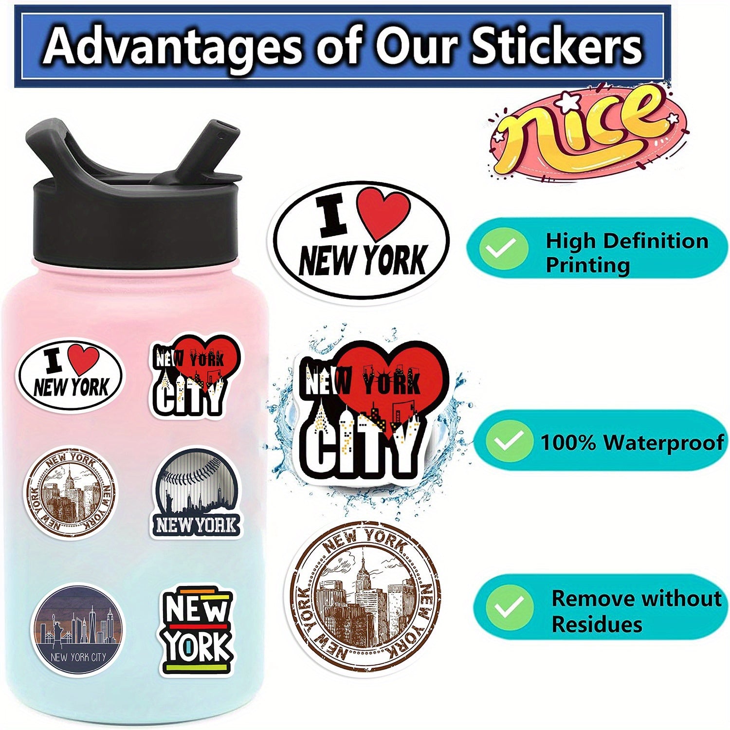 50pcs York Vinyl Waterproof Stickers for Water Bottle Laptop Phone Luggage
