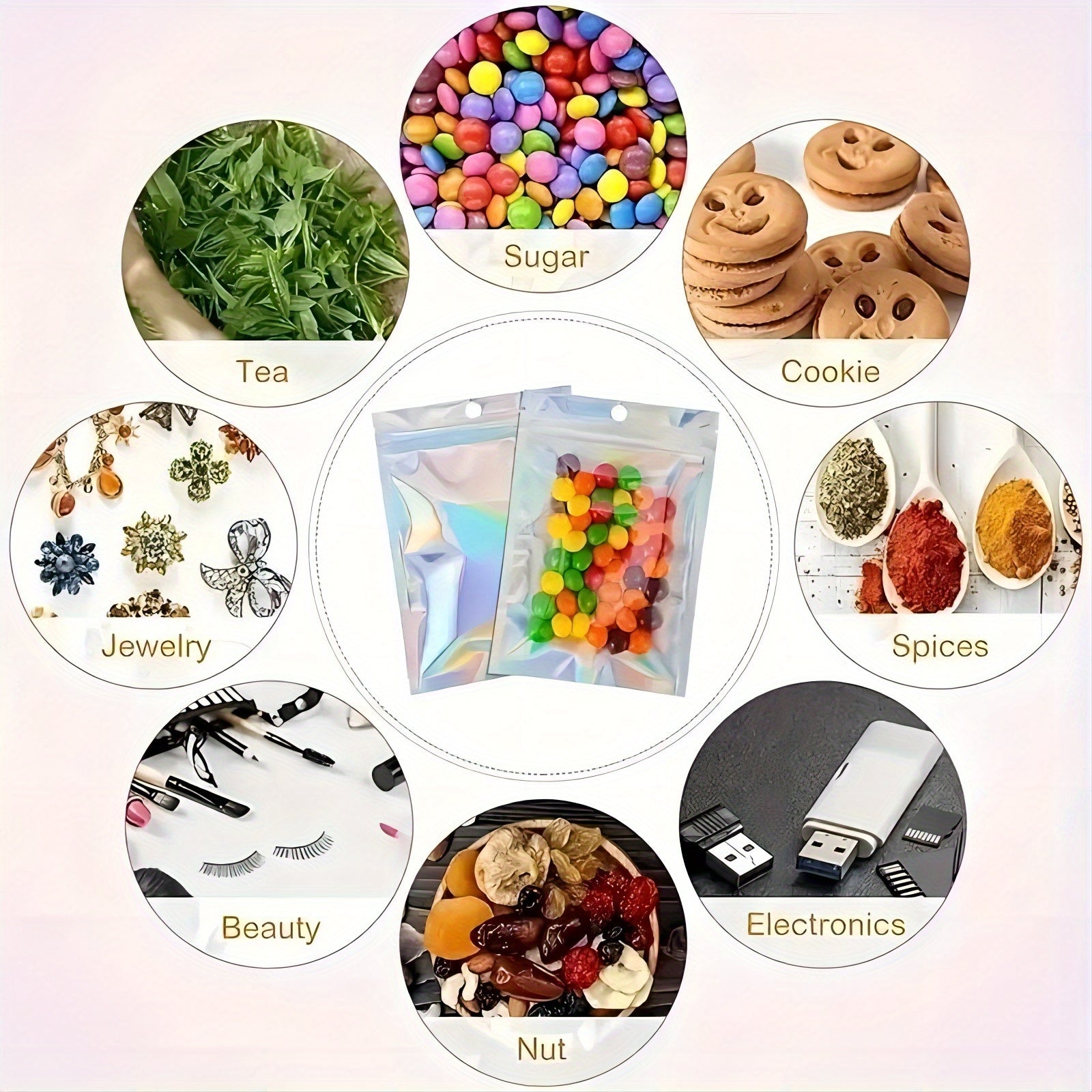 50pcs Holographic Foil Pouch Bag Smell Proof Resealable for Dry Jewelry Food Toy