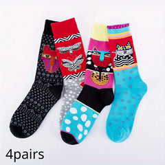 4 Pairs Cat Butterfly Pattern Crew Socks Autumn Winter Casual Socks