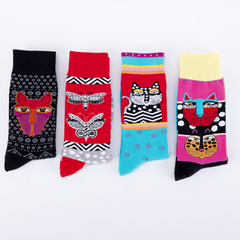 4 Pairs Cat Butterfly Pattern Crew Socks Autumn Winter Casual Socks