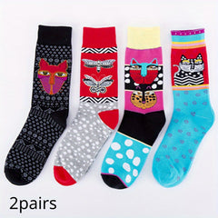 4 Pairs Cat Butterfly Pattern Crew Socks Autumn Winter Casual Socks