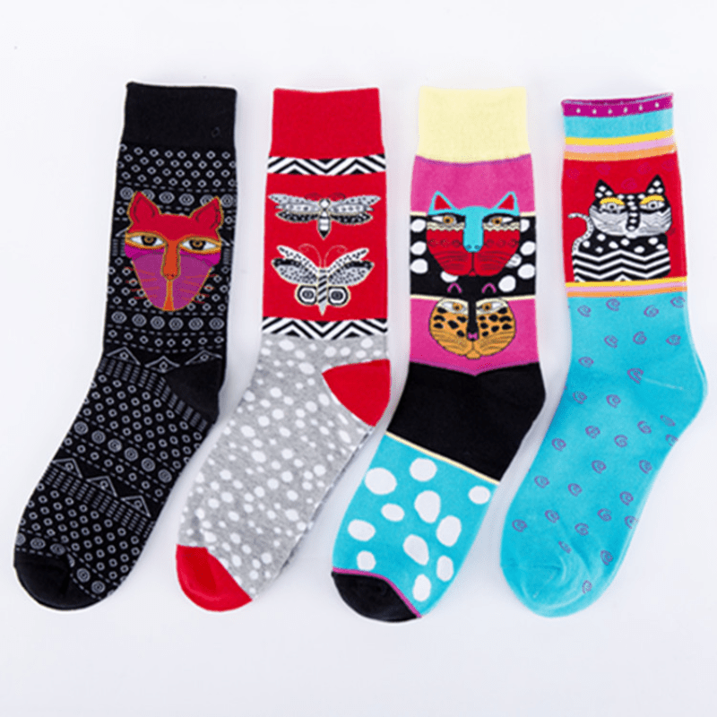 4 Pairs Cat Butterfly Pattern Crew Socks Autumn Winter Casual Socks