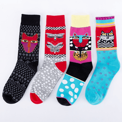 4 Pairs Cat Butterfly Pattern Crew Socks Autumn Winter Casual Socks
