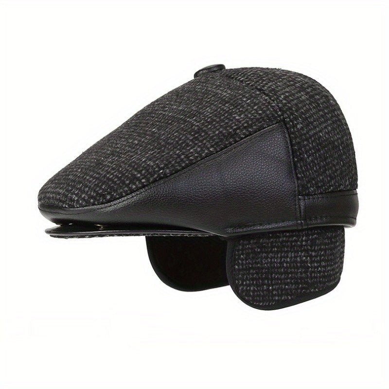 Men's Beret Hat With Earflaps Vintage Warm Velvet Winter Newsboy Cap