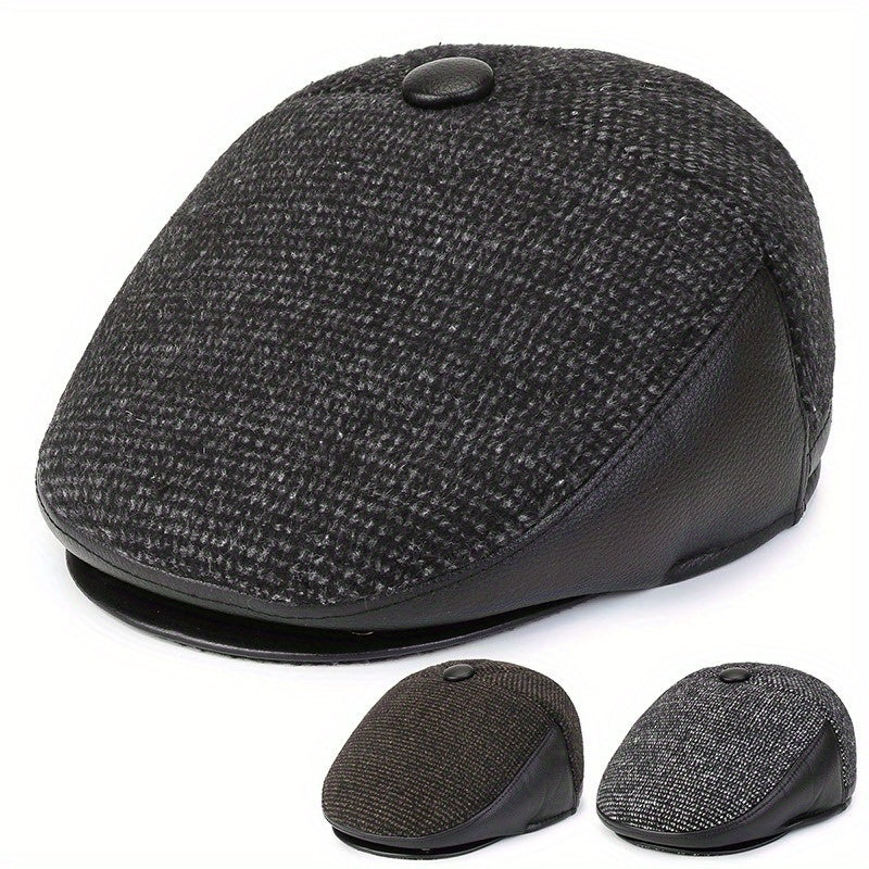 Men's Beret Hat With Earflaps Vintage Warm Velvet Winter Newsboy Cap