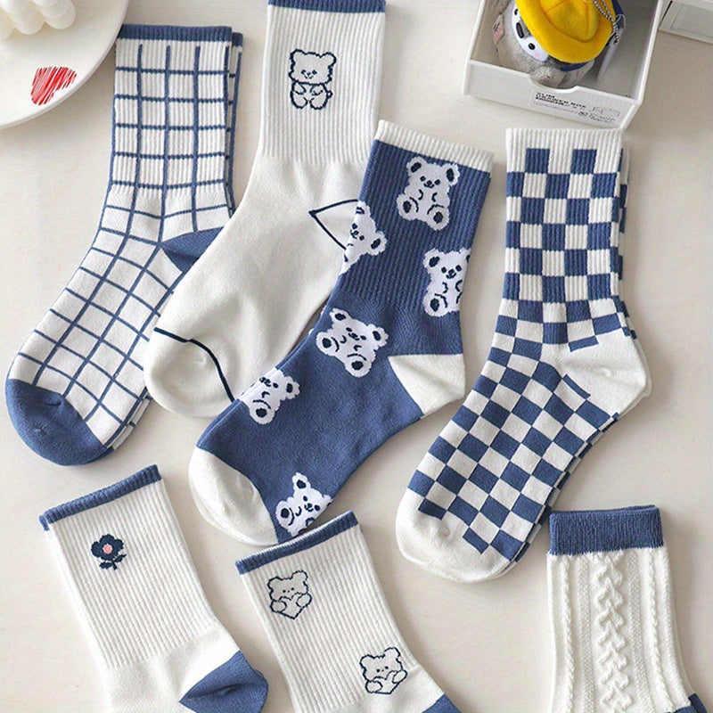 Teenager's Cartoon Animals Striped Knitted Socks Soft Crew Socks