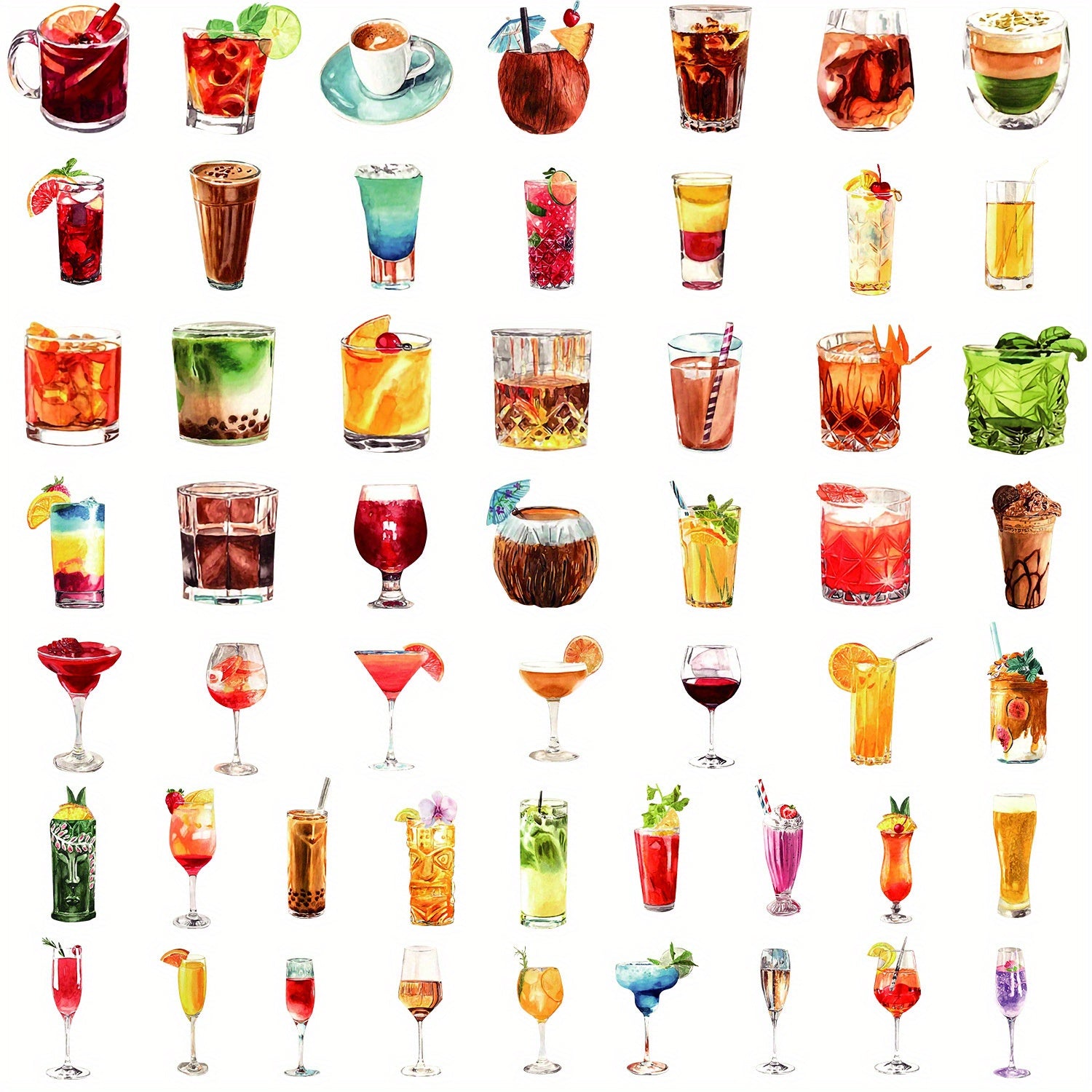 50pcs Watercolor Cocktail Alcohol Stickers for Laptop Skateboard
