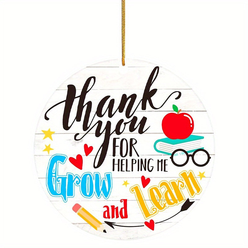 2D Thank You Teacher Round Acrylic Pendant Gold Rope Decor
