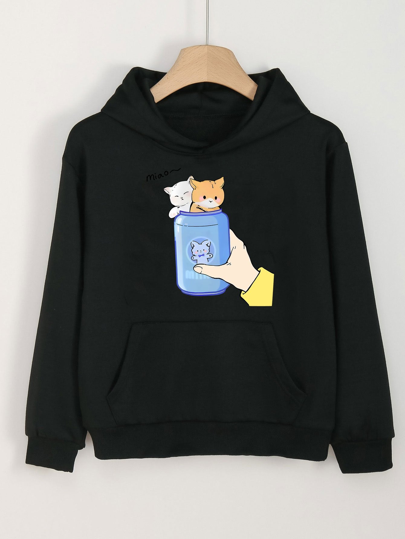 Girls Cartoon Cats In Bottle Pattern Long Sleeve Hooded Sweatshirt