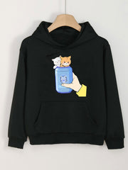 Girls Cartoon Cats In Bottle Pattern Long Sleeve Hooded Sweatshirt