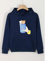 Girls Cartoon Cats In Bottle Pattern Long Sleeve Hooded Sweatshirt