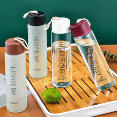Frosted Glass Happy Face Cup 12.69oz with Hemp Rope, Portable Tea Water Bottle