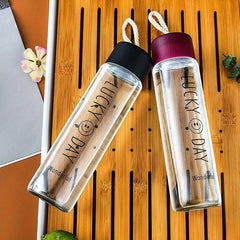 Frosted Glass Happy Face Cup 12.69oz with Hemp Rope, Portable Tea Water Bottle