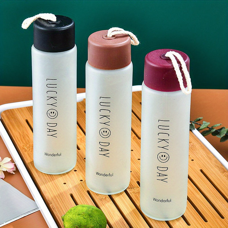 Frosted Glass Happy Face Cup 12.69oz with Hemp Rope, Portable Tea Water Bottle