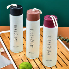 Frosted Glass Happy Face Cup 12.69oz with Hemp Rope, Portable Tea Water Bottle