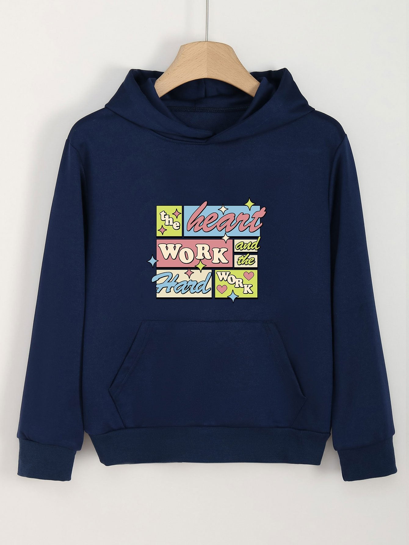 Girls Heart & Hard Work Print Hoodie Comfy Pullover Spring Fall Gift