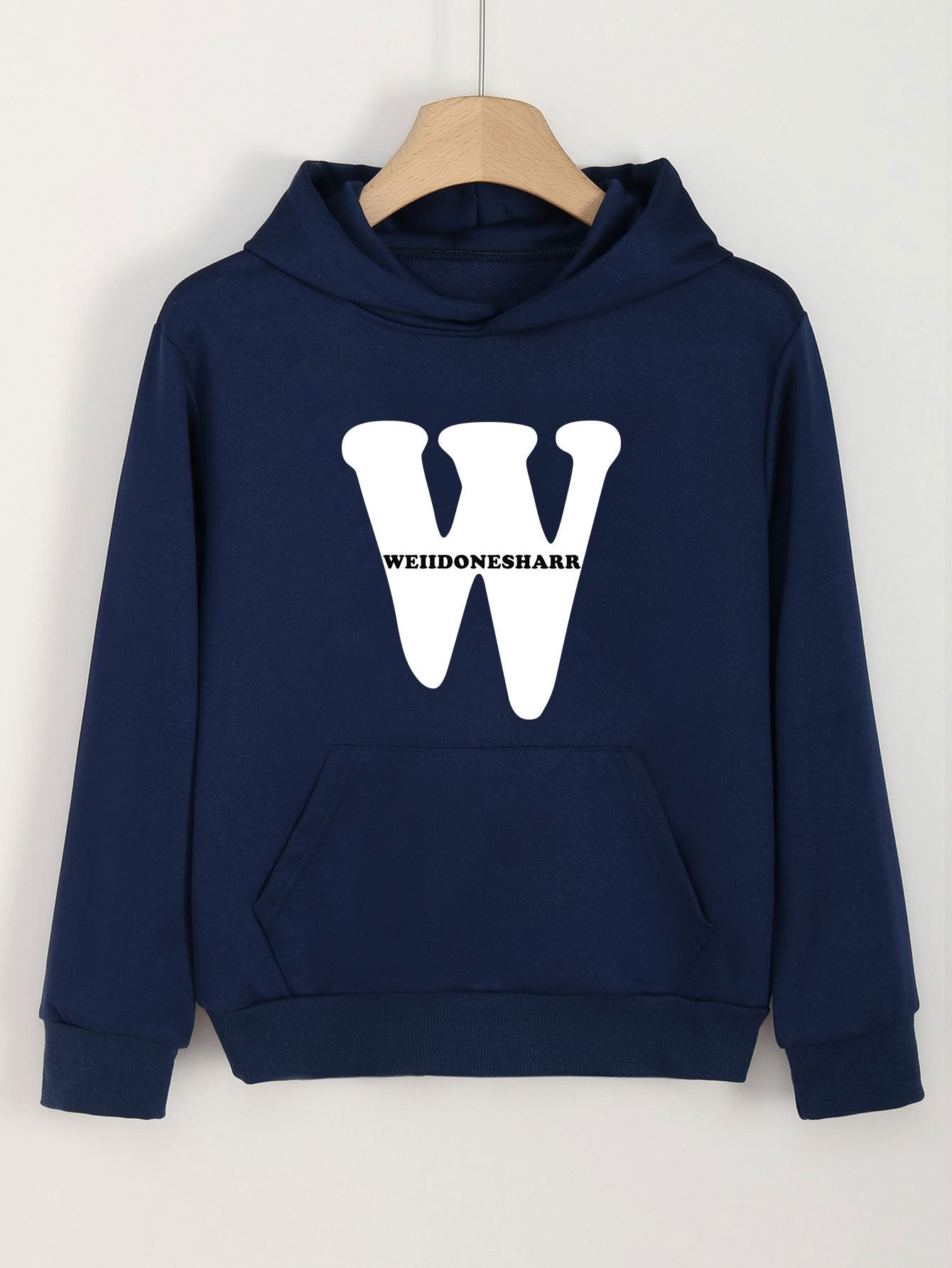 Girls W Letter Print Hoodies Comfy Hooded Pullover With Pocket