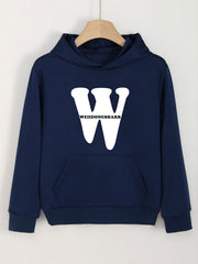 Girls W Letter Print Hoodies Comfy Hooded Pullover With Pocket