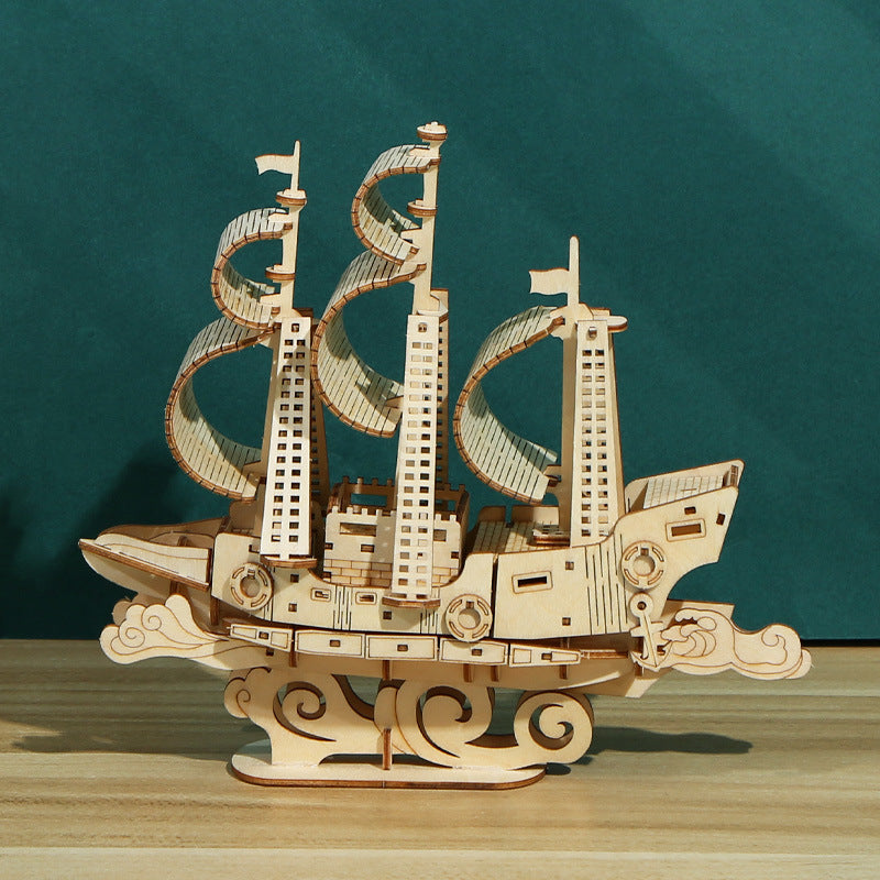 3D Wooden Puzzle Ocean Sailboat Model DIY Assembly Toy Gift
