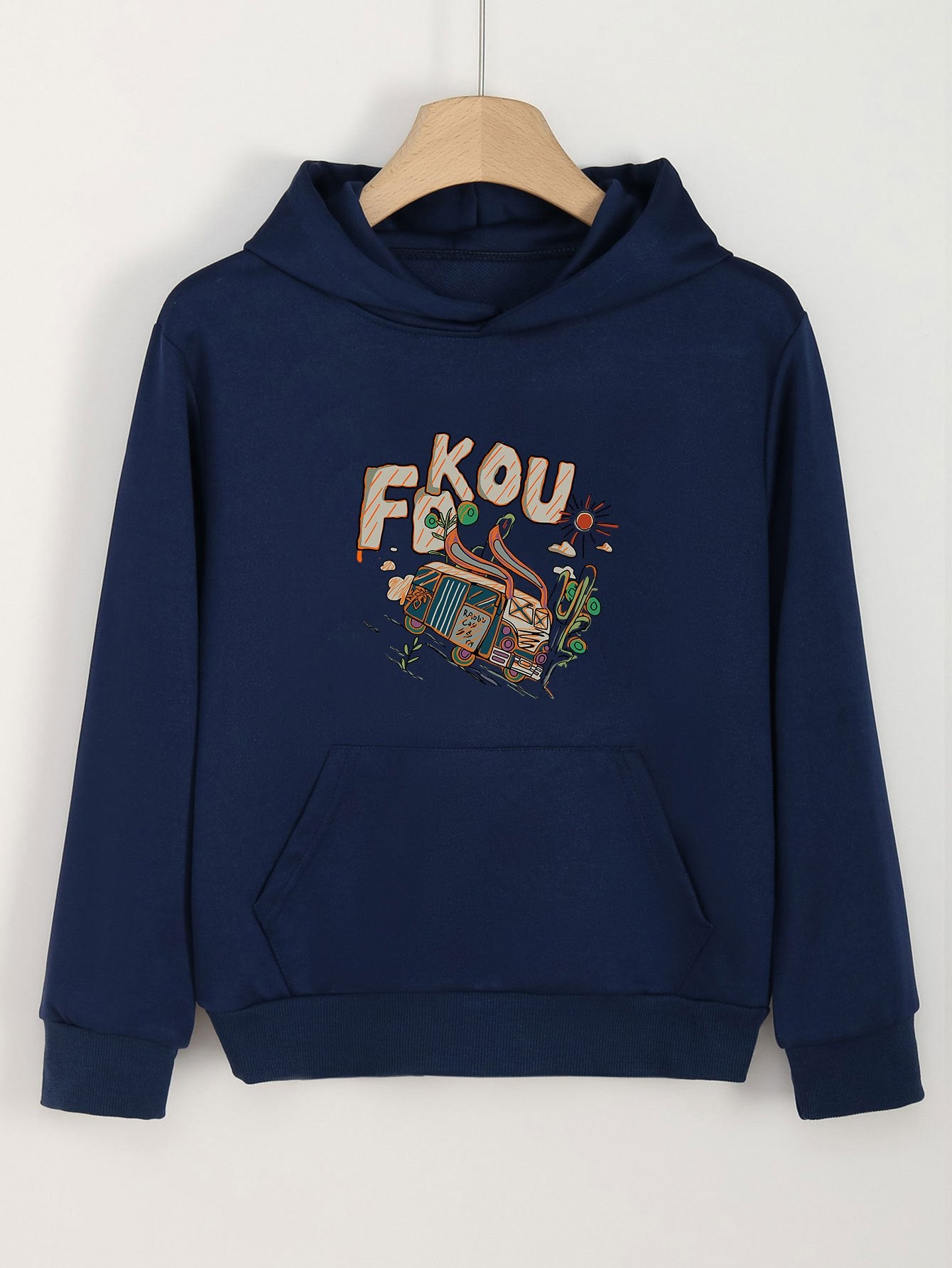 Girls Bus Pattern Hooded Sweatshirt Pullover for Girls