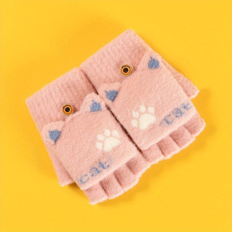 Snowflake Pattern Half Finger Gloves Winter Warm Knitted Gloves