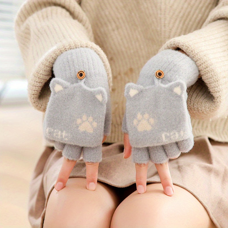 Snowflake Pattern Half Finger Gloves Winter Warm Knitted Gloves