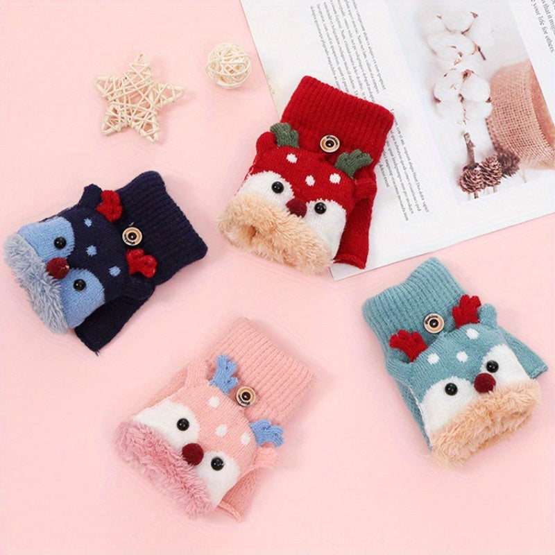 Kids Christmas Deer Gloves Warm Half Finger Cartoon Knitted Gloves