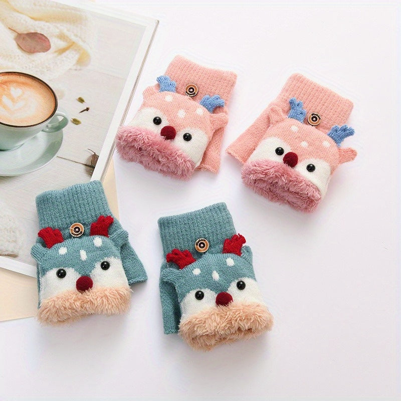 Kids Christmas Deer Gloves Warm Half Finger Cartoon Knitted Gloves