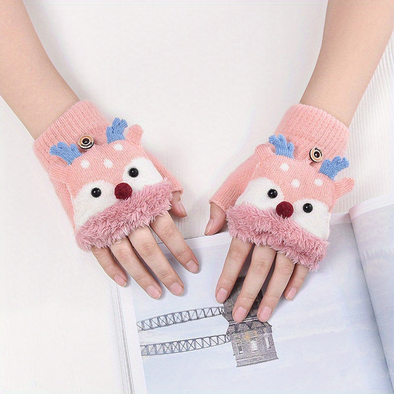 Kids Christmas Deer Gloves Warm Half Finger Cartoon Knitted Gloves