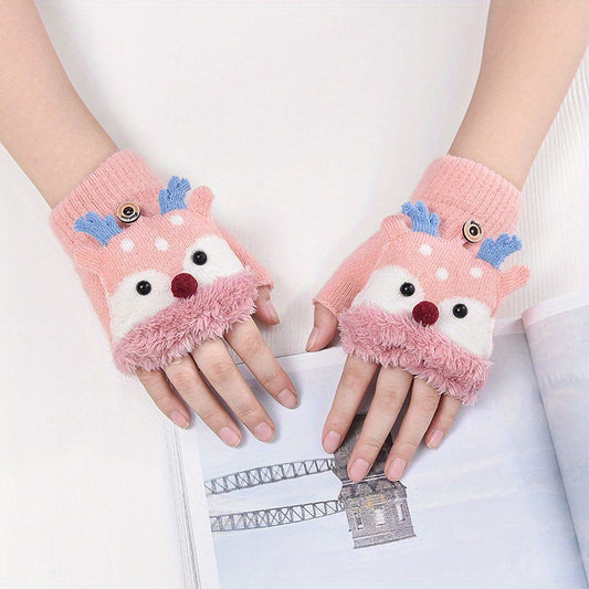 Kids Christmas Deer Gloves Warm Half Finger Cartoon Knitted Gloves