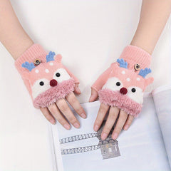 Kids Christmas Deer Gloves Warm Half Finger Cartoon Knitted Gloves