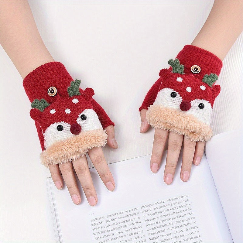 Kids Christmas Deer Gloves Warm Half Finger Cartoon Knitted Gloves