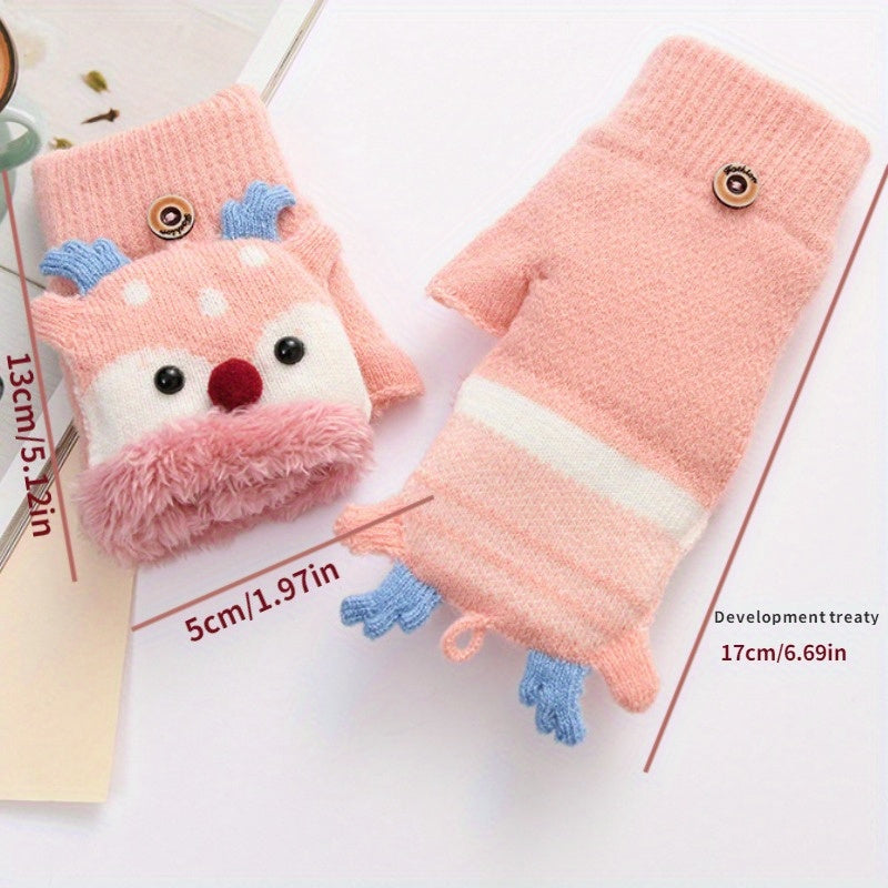Kids Christmas Deer Gloves Warm Half Finger Cartoon Knitted Gloves