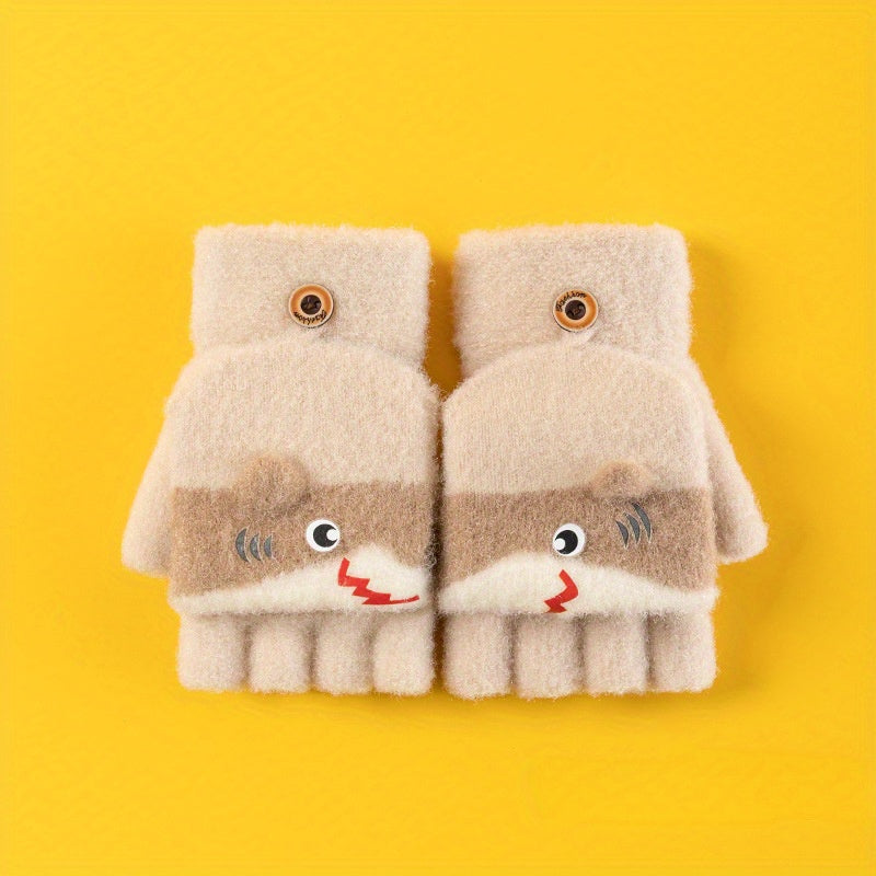 Shark Cartoon Knitted Gloves for Kids, Winter Warmth