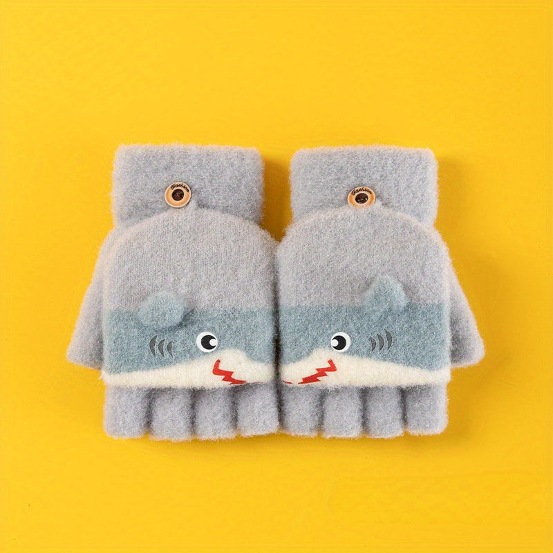Shark Cartoon Knitted Gloves for Kids, Winter Warmth