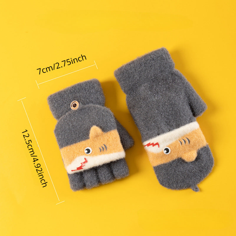 Shark Cartoon Knitted Gloves for Kids, Winter Warmth