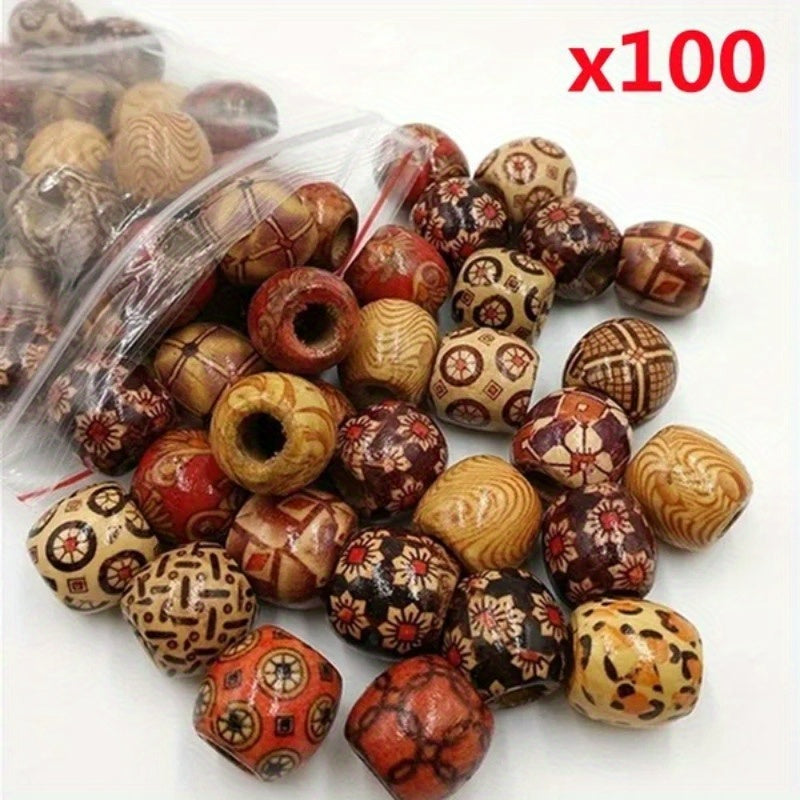 100pcs Mixed Wooden Bead Tribal Pattern Wood Beads for DIY Crafts