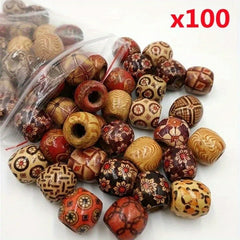 100pcs Mixed Wooden Bead Tribal Pattern Wood Beads for DIY Crafts