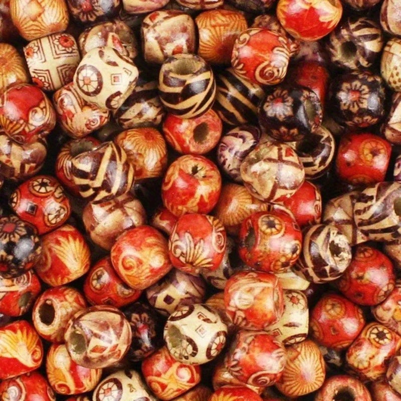 100pcs Mixed Wooden Bead Tribal Pattern Wood Beads for DIY Crafts