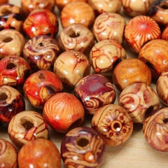 100pcs Mixed Wooden Bead Tribal Pattern Wood Beads for DIY Crafts