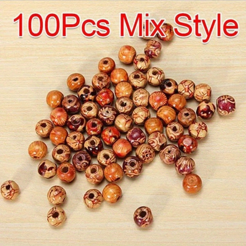 100pcs Mixed Wooden Bead Tribal Pattern Wood Beads for DIY Crafts