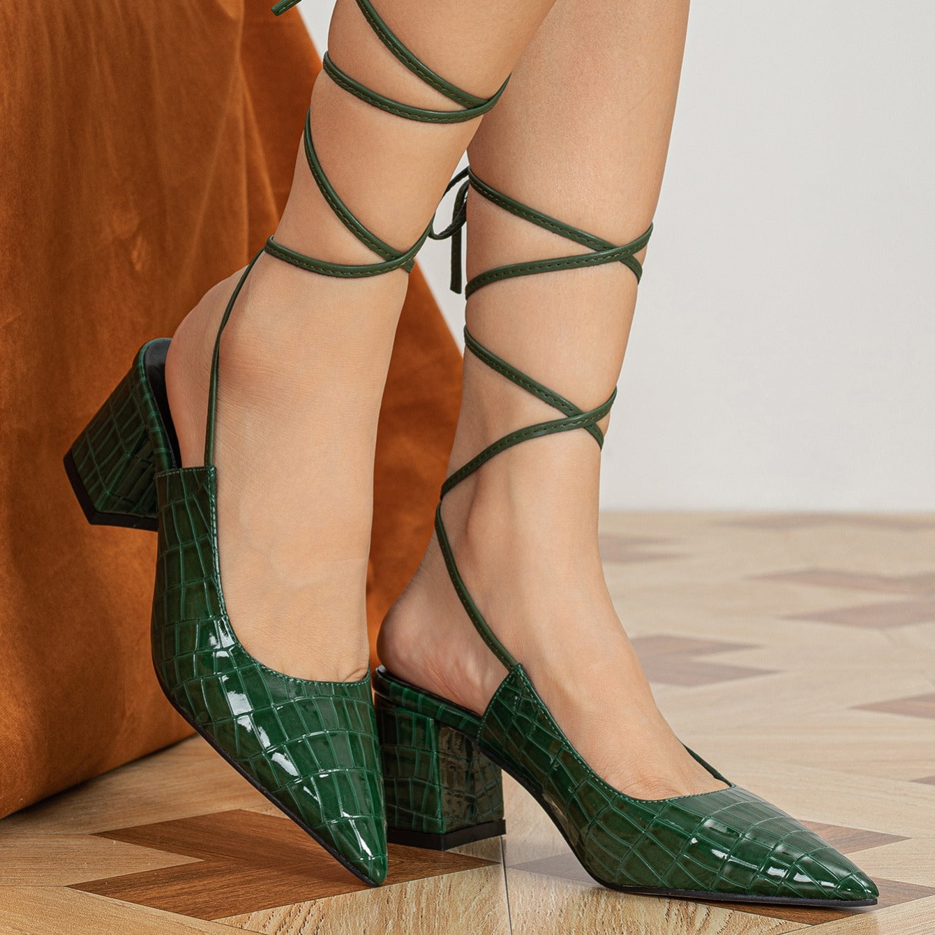 Strappy Chunky Heel Slingback Lace Up PU Leather Pumps