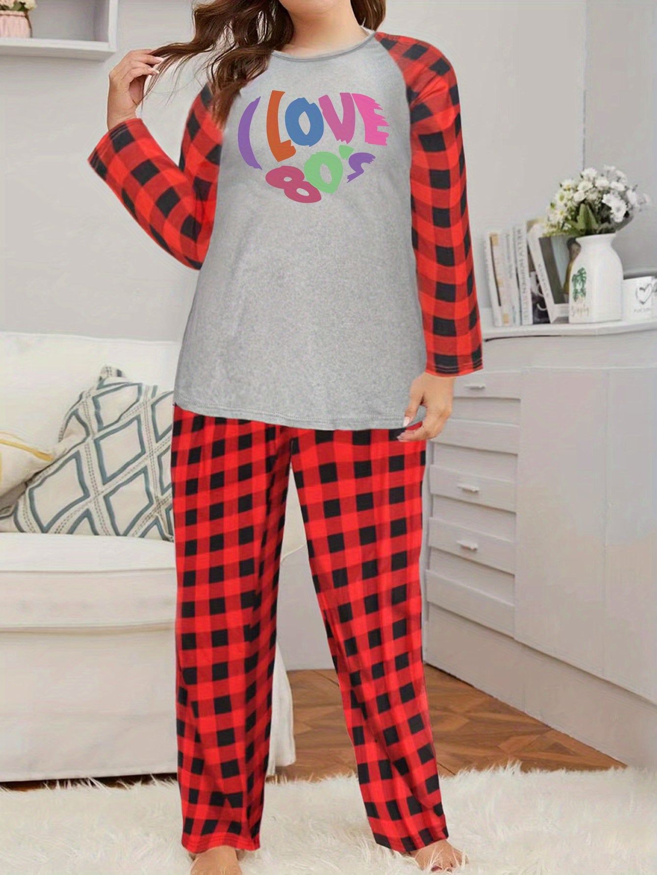 Plus Size Letter Heart Print Top & Plaid Pants Lounge Set