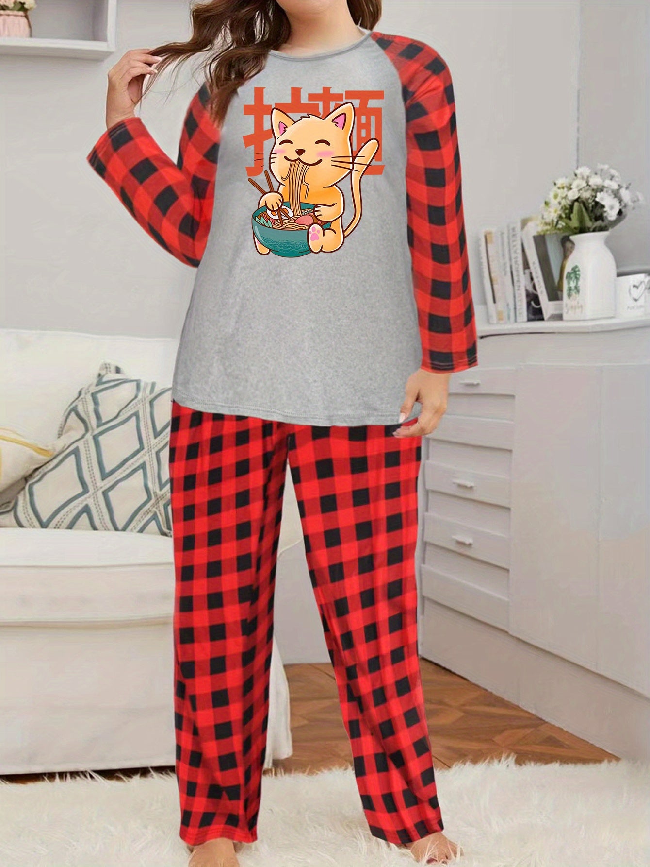 Ramen & Cat Print Raglan Sleeve Top & Plaid Pants Lounge Set