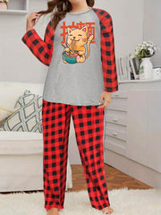 Ramen & Cat Print Raglan Sleeve Top & Plaid Pants Lounge Set
