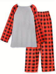 Ramen & Cat Print Raglan Sleeve Top & Plaid Pants Lounge Set