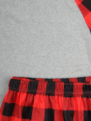 Ramen & Cat Print Raglan Sleeve Top & Plaid Pants Lounge Set