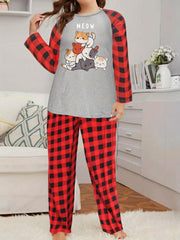 Cat Print Raglan Sleeve Top & Plaid Pants Lounge Set