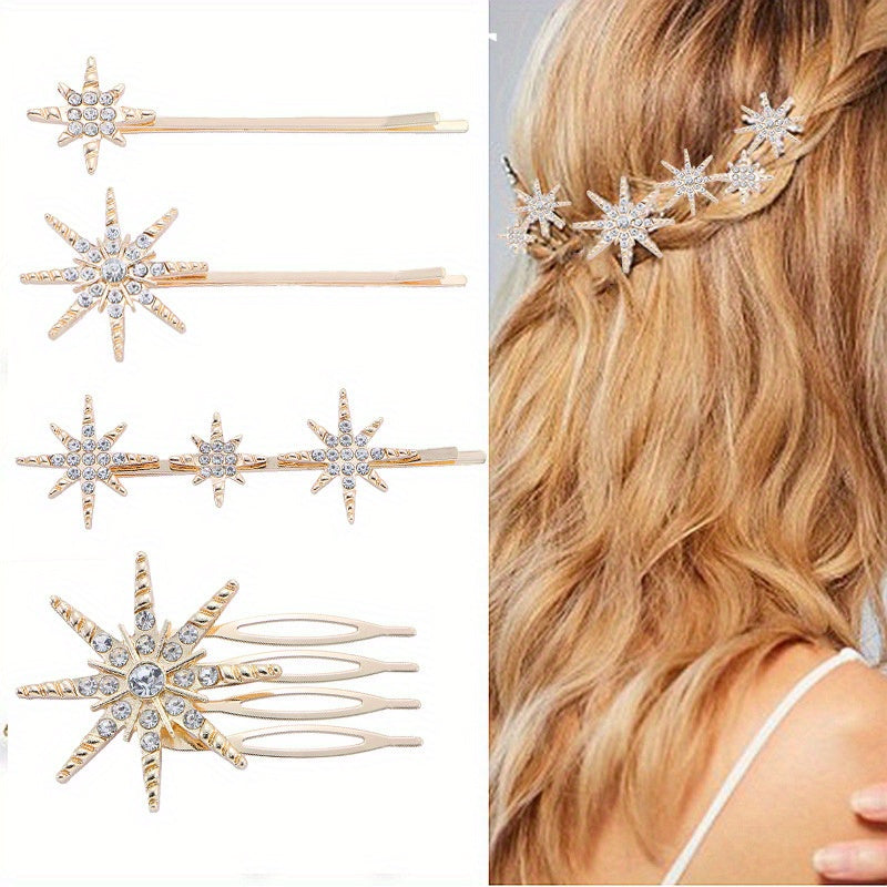 4pcs Rhinestone Star Hairpins & Hair Comb Bridal Hair Clips Set